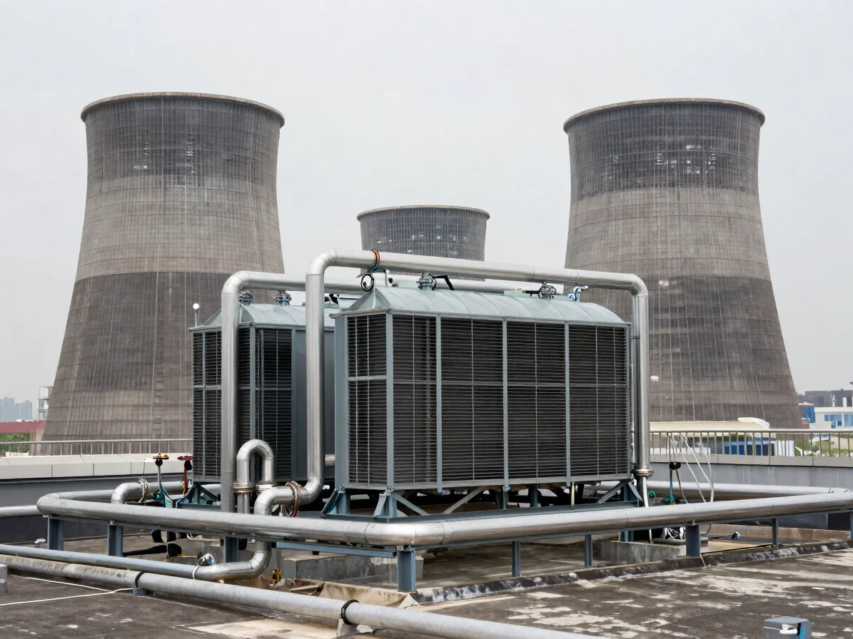 Documentary trade photography of a rooftop cooling tower and cond